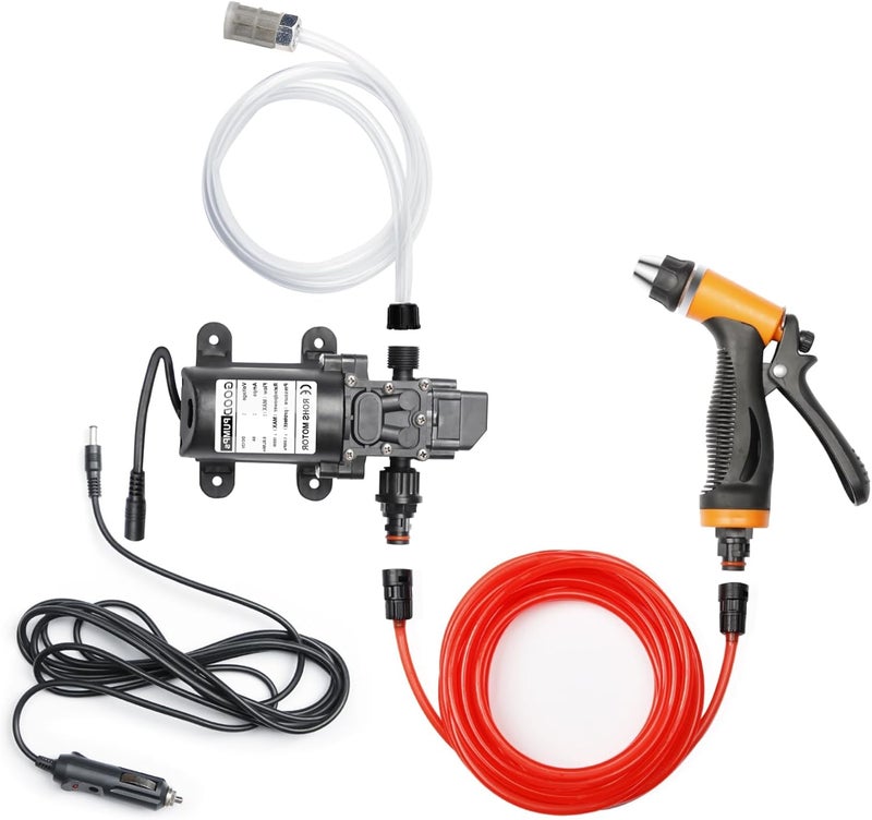 BANG4BUCK غسالة ضغط كهربائية ذكية محمولة 100 واط 160 PSI 12 فولت مجموعة غسيل قوية محمولة مع خرطوم PVC بطول 21.3 قدم للمنزل، السيارة، الحديقة، المشاريع (100 واط - خرطوم أسود) - Image 1
